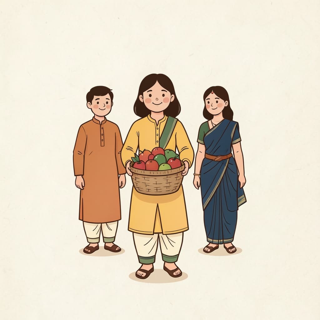 आणे (ले आना · to bring): A girl bringing a basket of fruit towards the viewer.