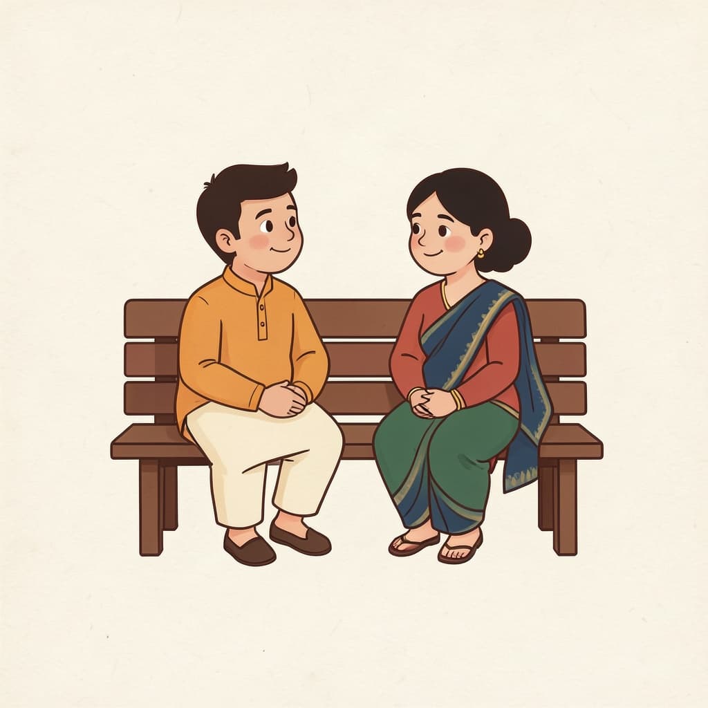 बोल्ल (बोलना · to speak): Two friends sitting on a bench talking to each other.