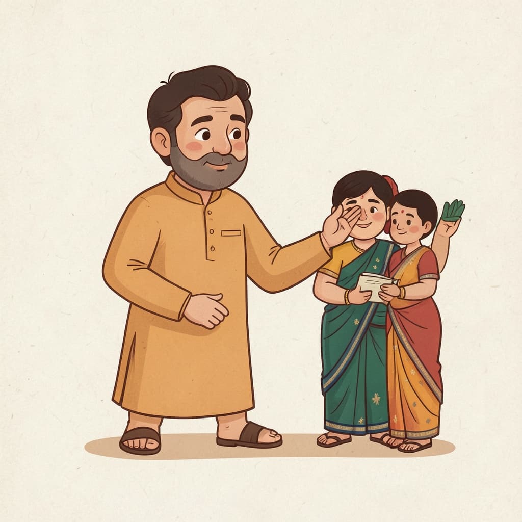 जाण (जानना · to know): A wise teacher calmly explaining, one hand raised, an open palm-leaf manuscript beside him.