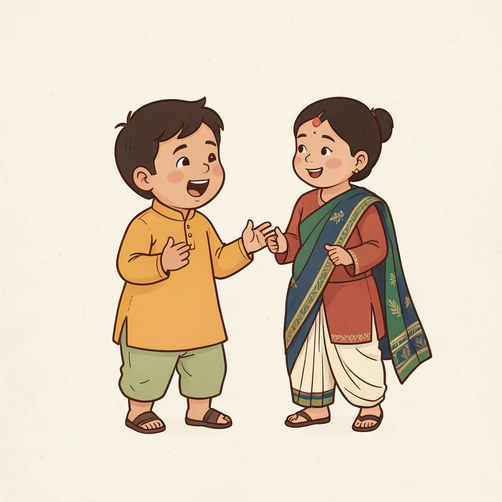 जंप (बोलना · to speak): A lively child chattering excitedly to a friend, hands moving.