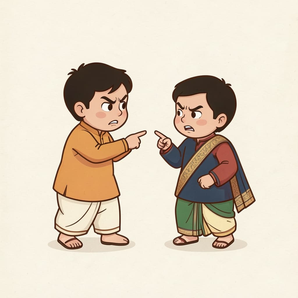 कलह (झगड़ना · to quarrel): Two children quarrelling, pointing at each other with angry faces.