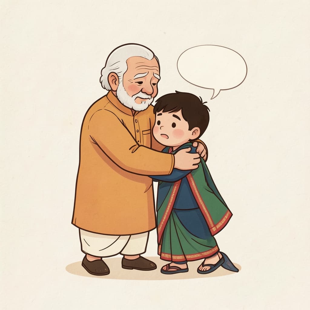 खम (क्षमा करना · to forgive): An elder kindly hugging a boy who is saying sorry.