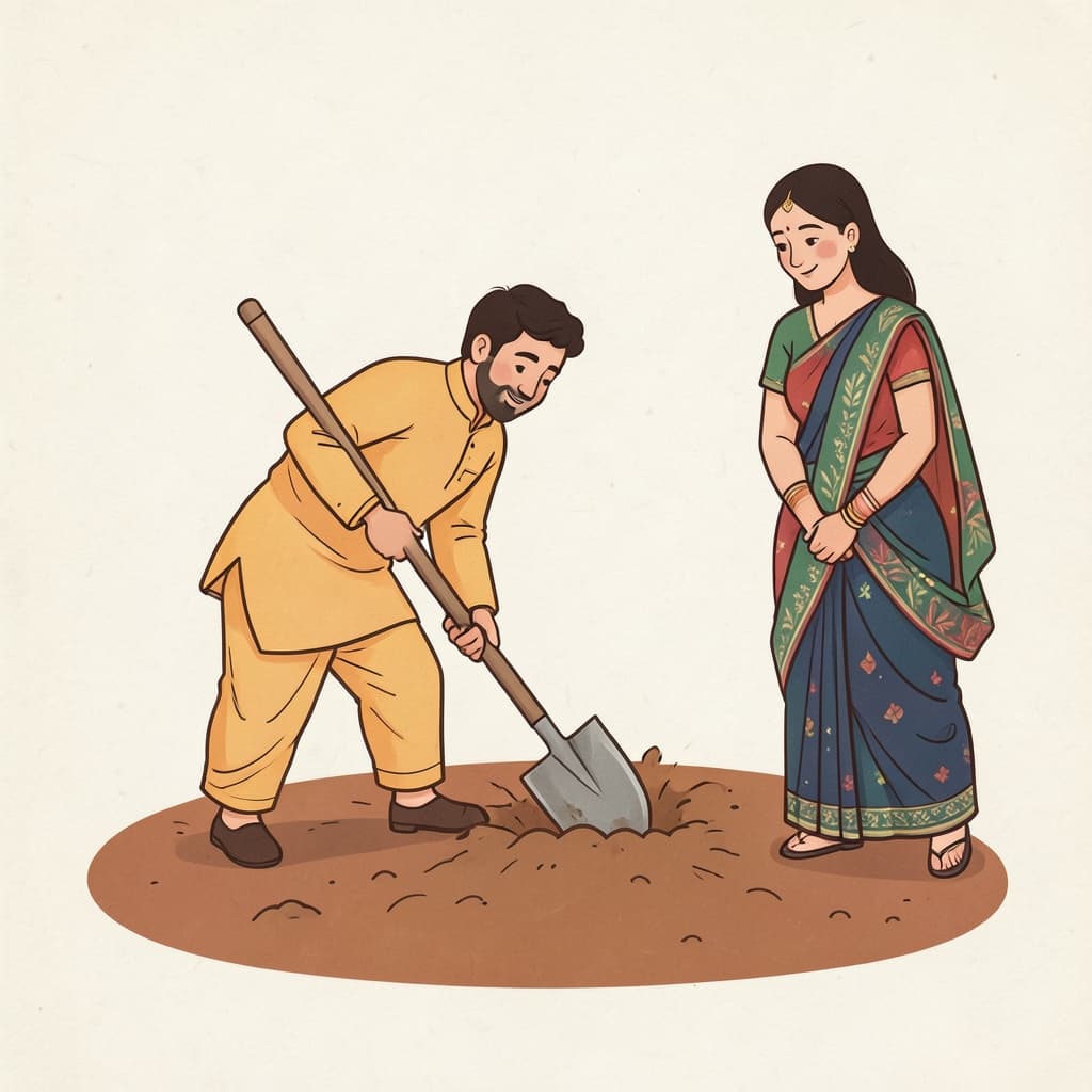खण (खोदना · to dig): A man digging the earth with a spade.