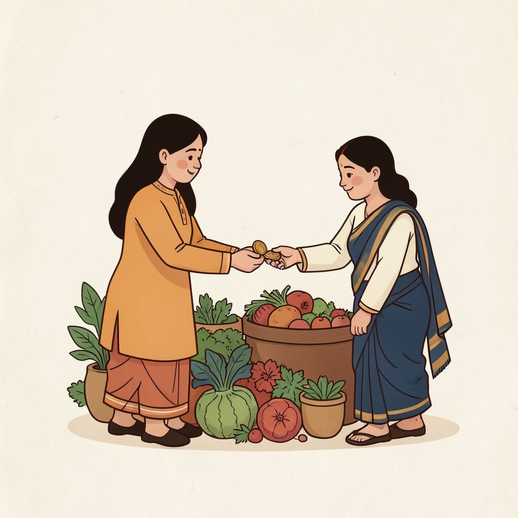 कीण (खरीदना · to buy): A woman buying vegetables, handing coins to a vendor.