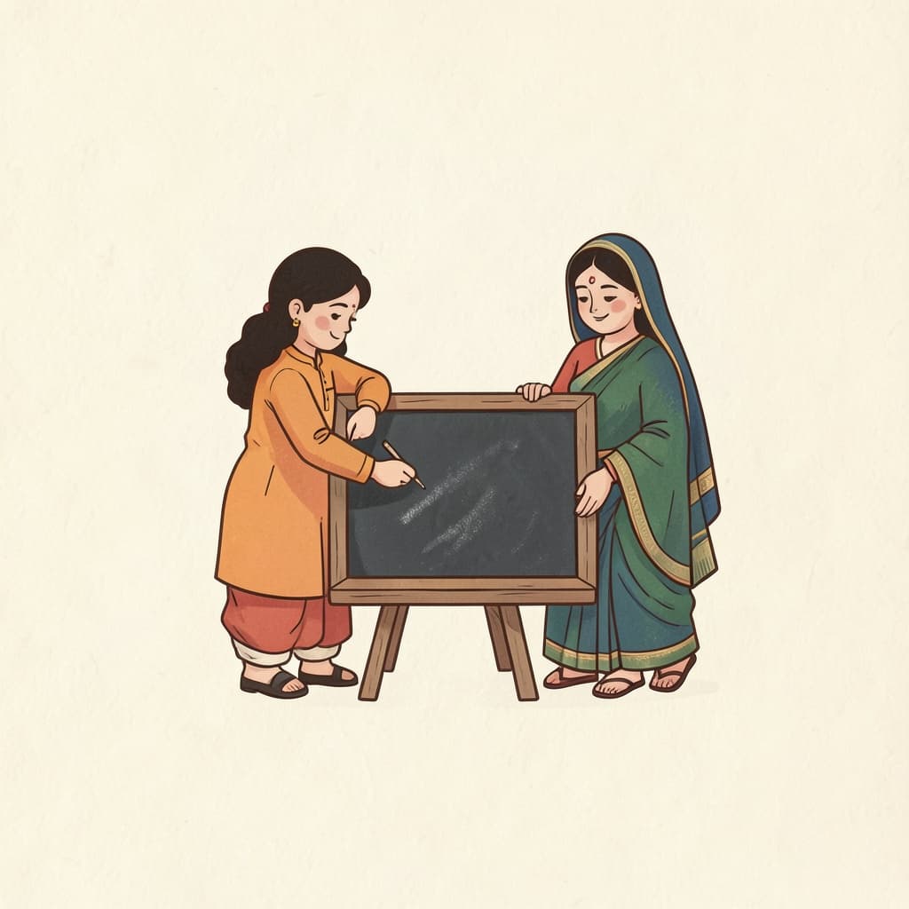 लिह (लिखना · to write): A girl writing on a wooden slate with chalk, no readable letters.