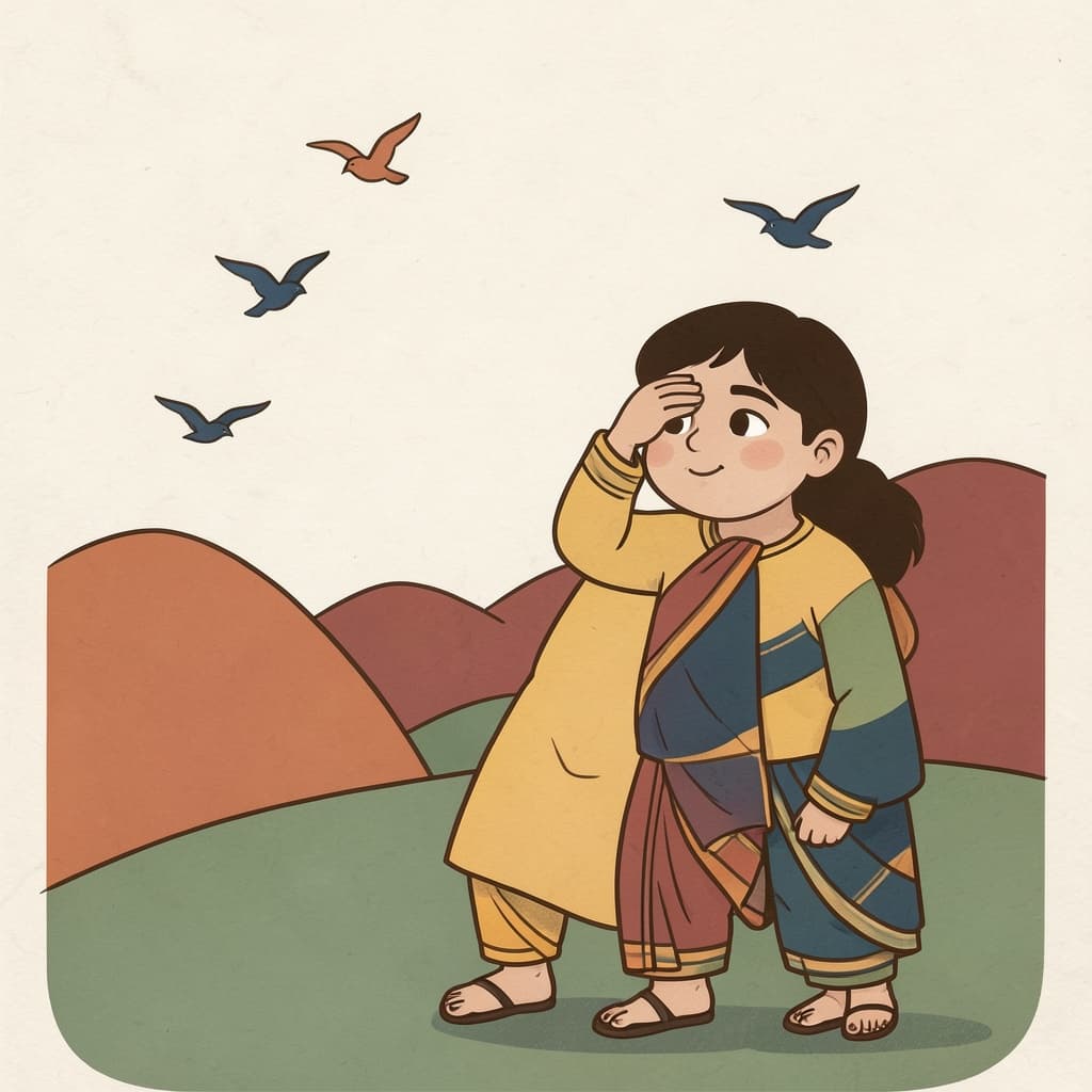 पास (देखना · to see): A girl shading her eyes with one hand, looking far away at birds over the hills.
