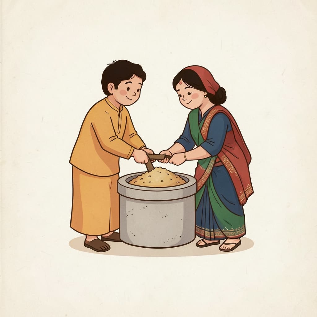 पीस (पीसना · to grind): A woman grinding grain on a round stone hand mill.