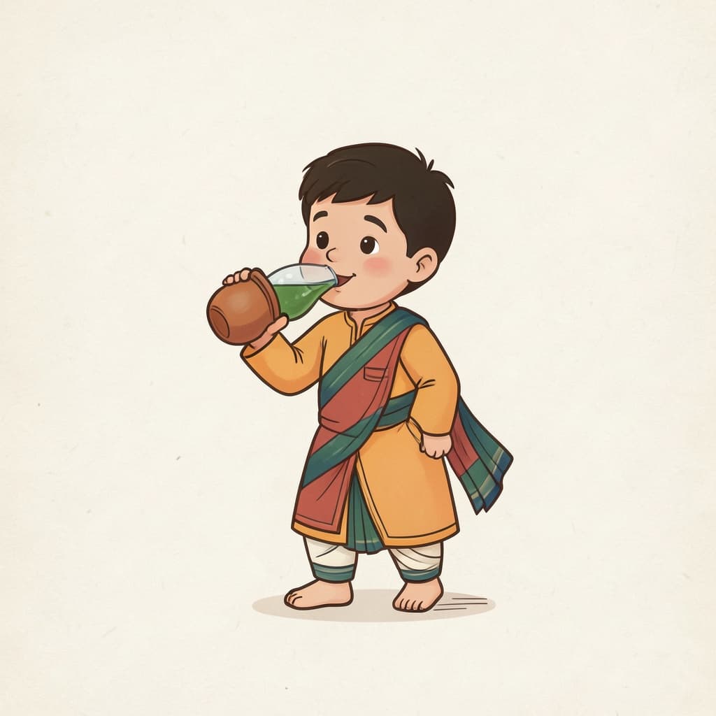 पिव (पीना · to drink): A boy drinking water from a clay pot.