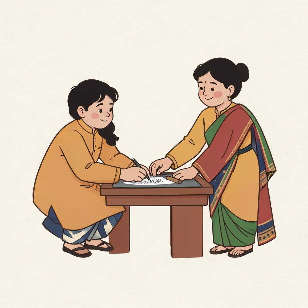 सीख (सीखना · to learn): A teacher guiding a child's hand as the child learns to draw on a slate.