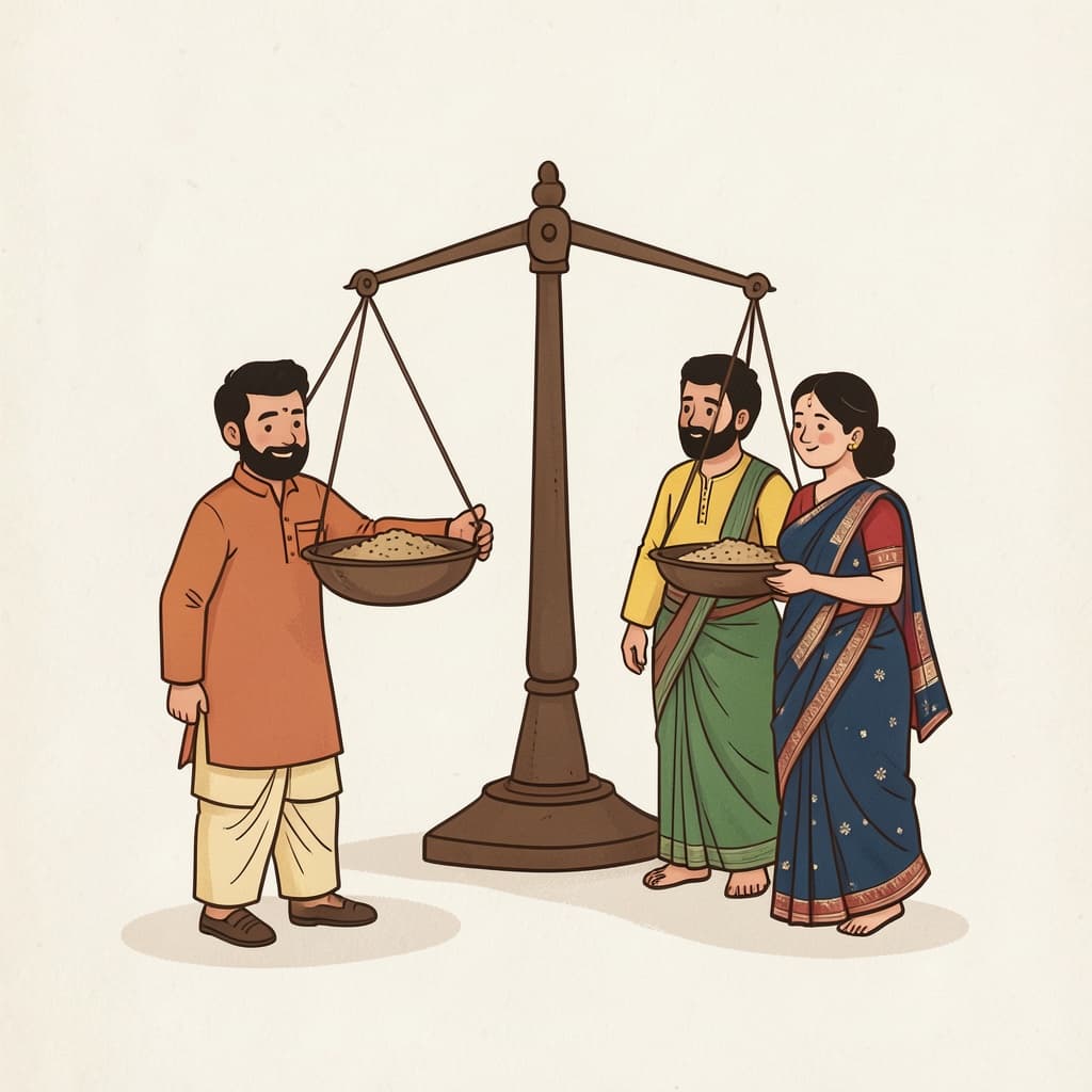 तुल (तौलना · to weigh): A shopkeeper weighing grain on a hanging balance scale.
