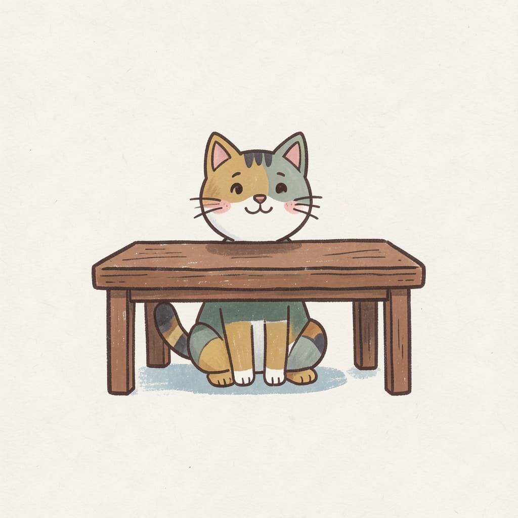 A cat sitting under a wooden table.