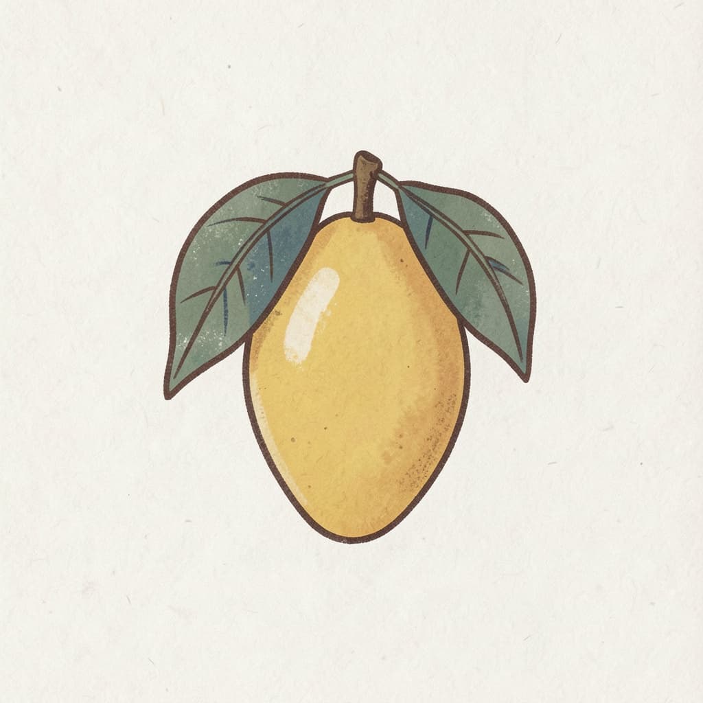 A ripe yellow mango with two green leaves.