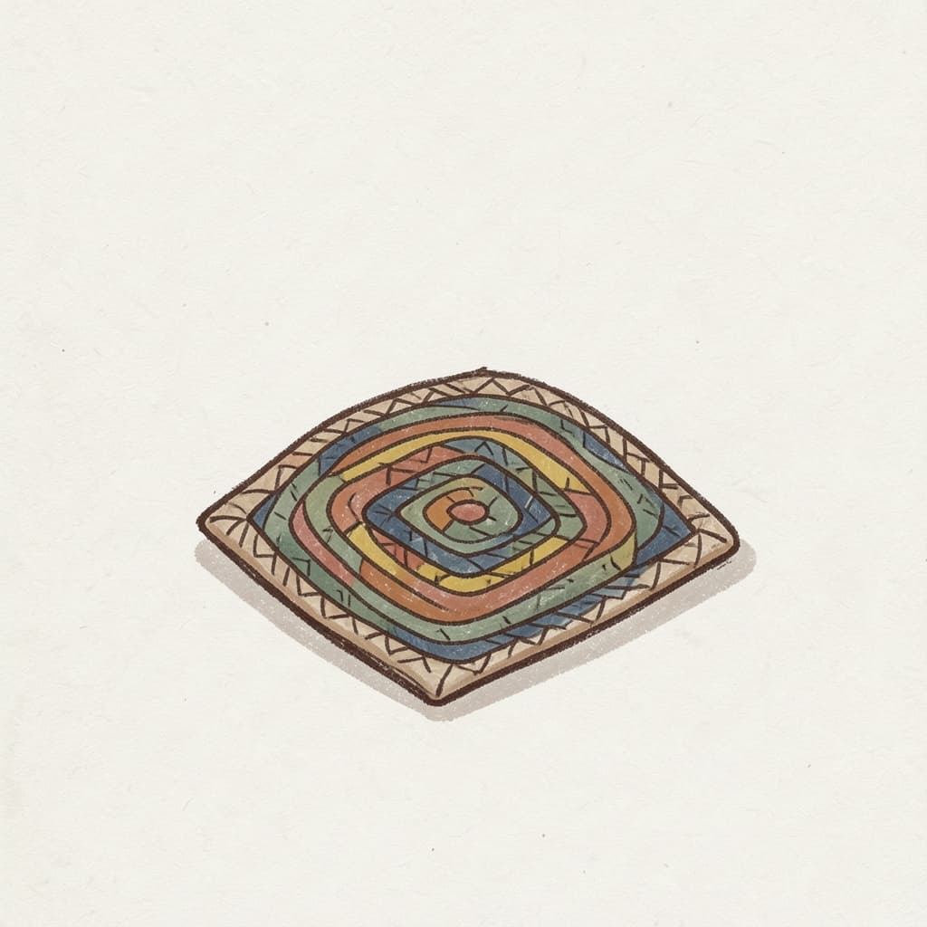 A small square woven mat seat on the floor.