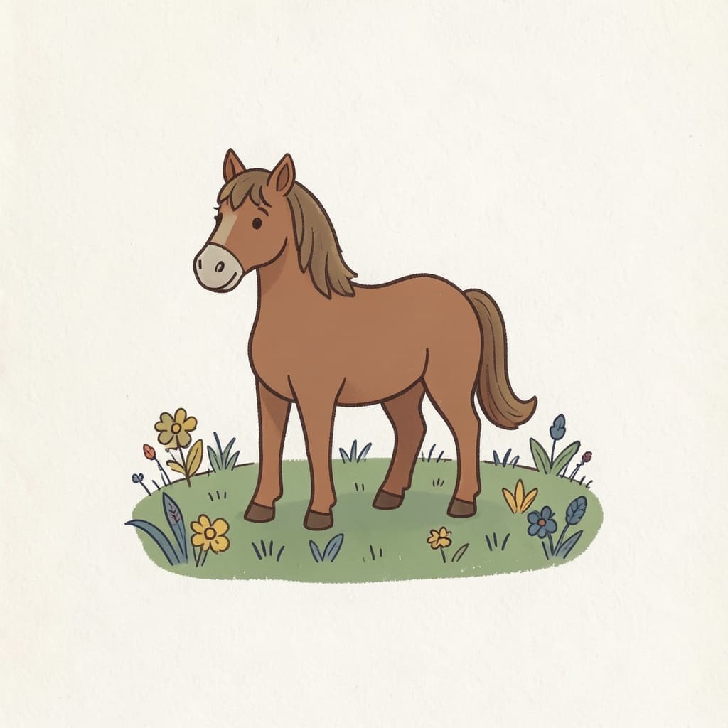 A brown horse standing in a green meadow.