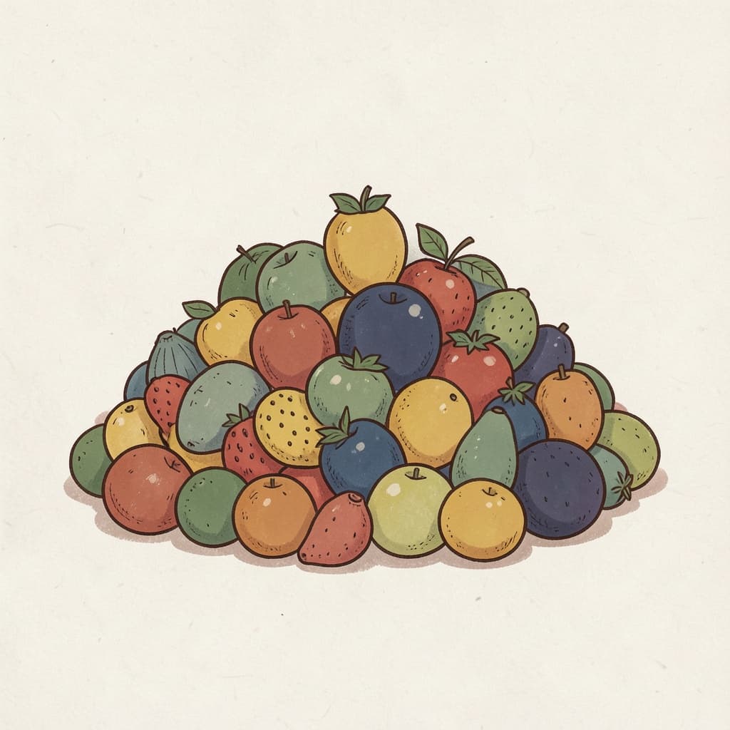 A big heap of many colourful fruits.