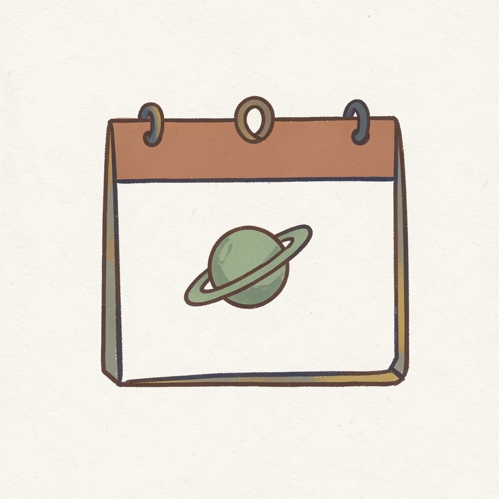 A calendar page with a small green planet Mercury drawn on it.