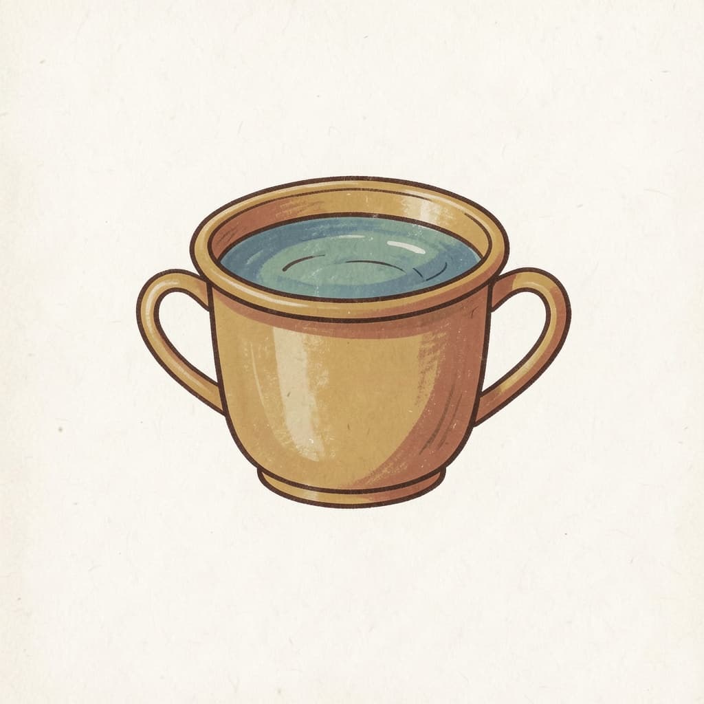 A brass cup filled with water.