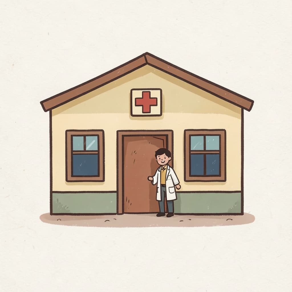 A small clean hospital building with a red cross sign and a doctor at the door.