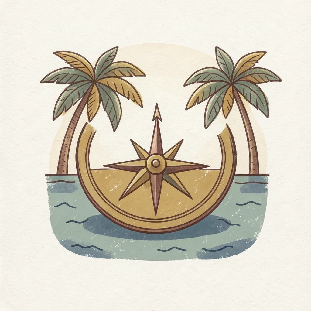 A compass needle pointing down towards the sea with palm trees.