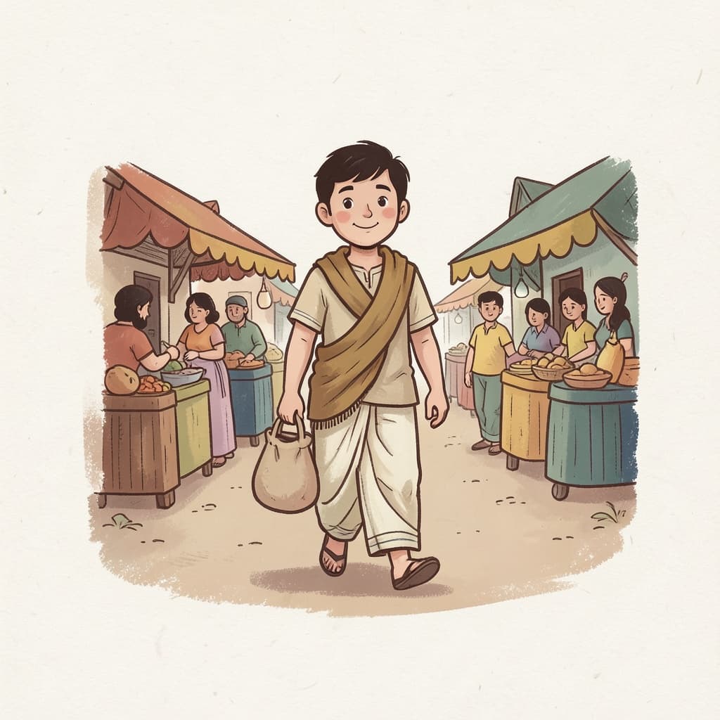 A young man in a dhoti and shawl walking to the market with a cloth bag.