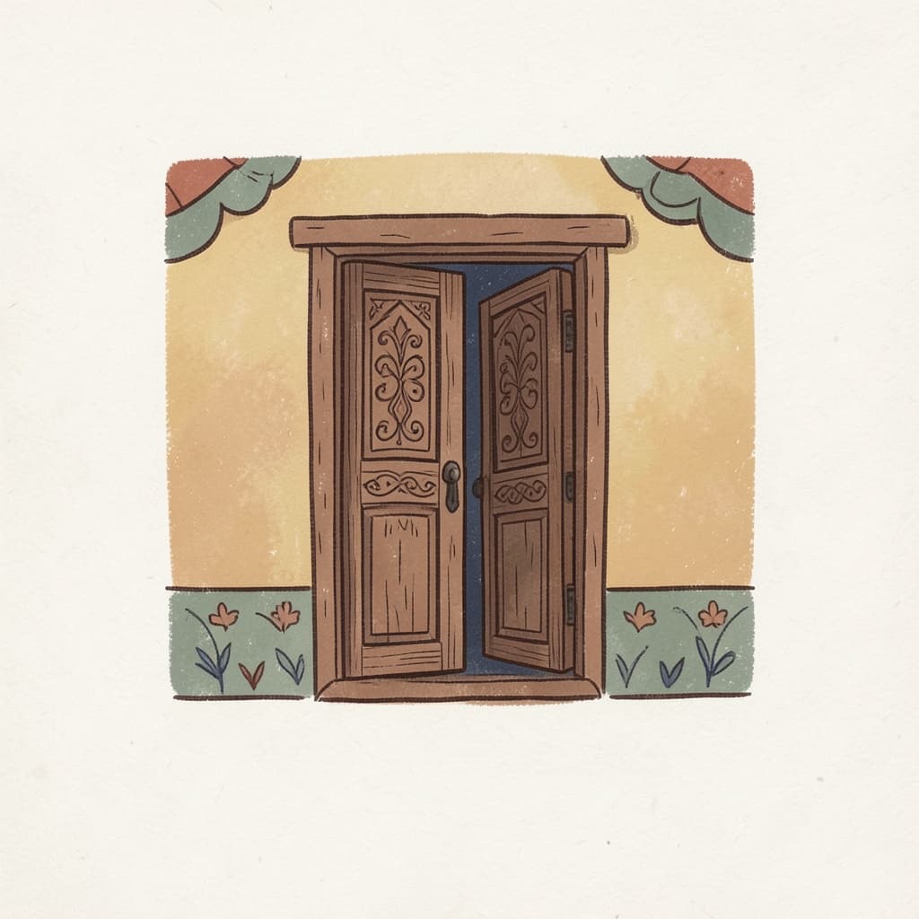 A carved wooden door of a village house, slightly open.