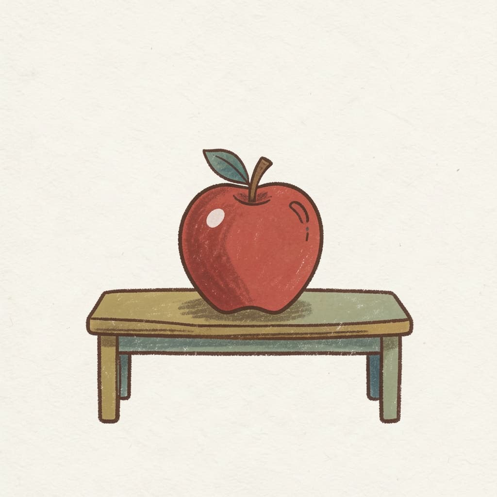 One single red apple standing alone on a table.