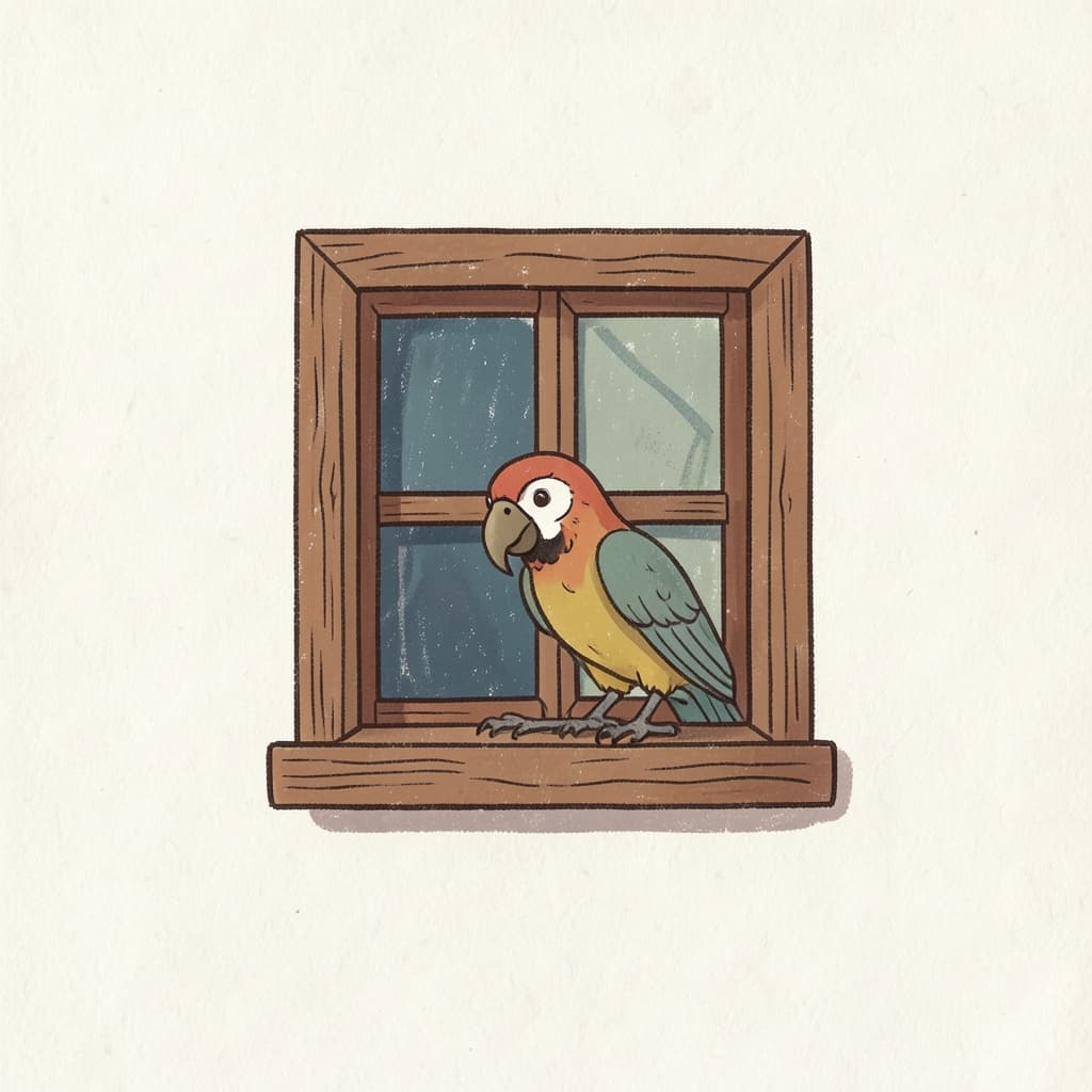 A small wooden window with a parrot sitting on its sill.