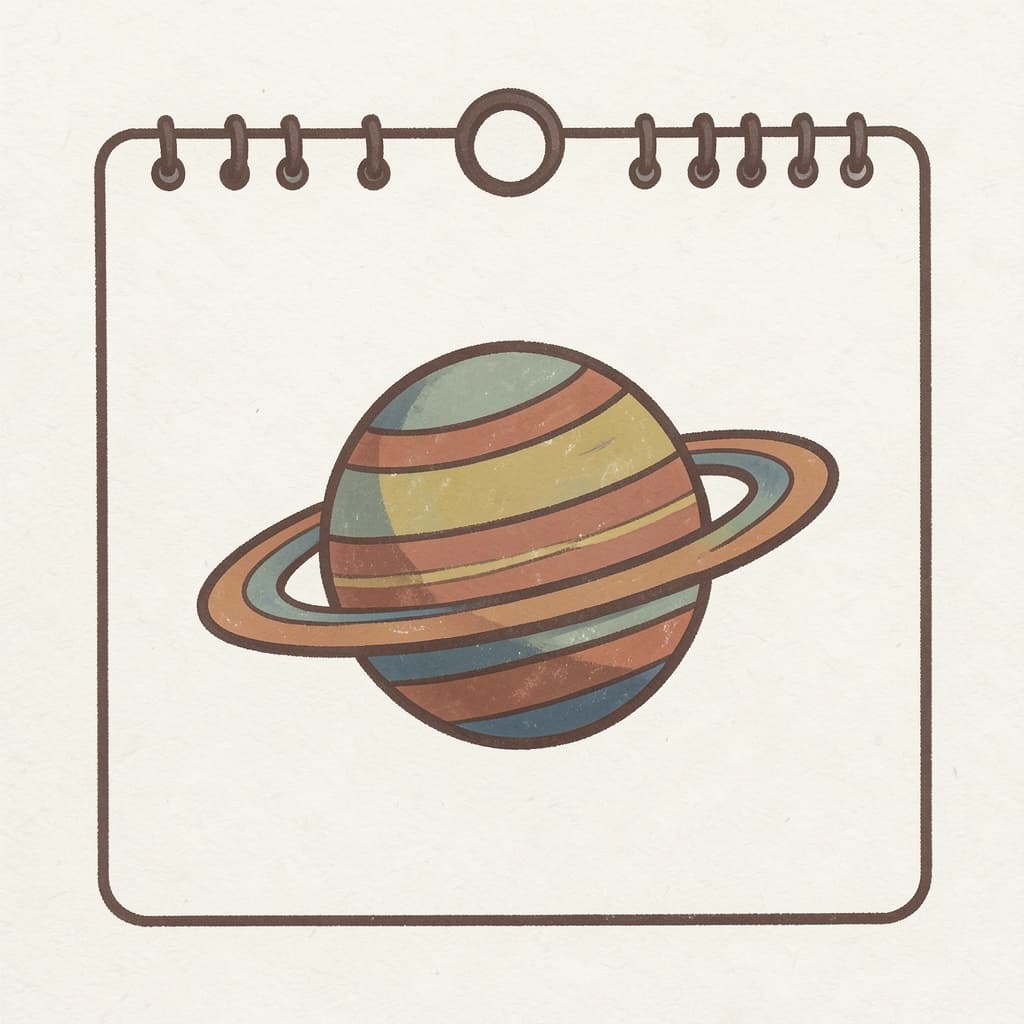 A calendar page with a large striped planet Jupiter drawn on it.