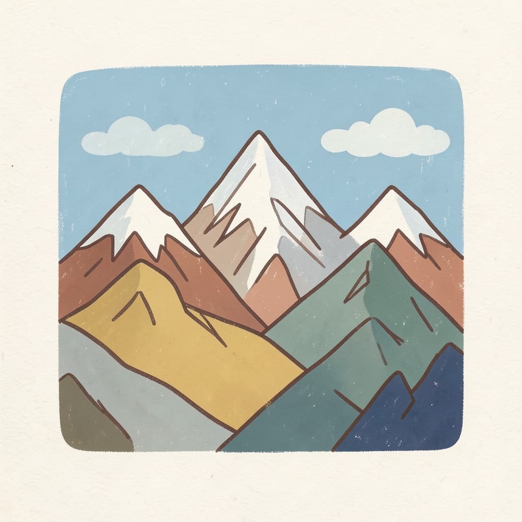 The snowy peaks of the Himalaya mountains under a blue sky.
