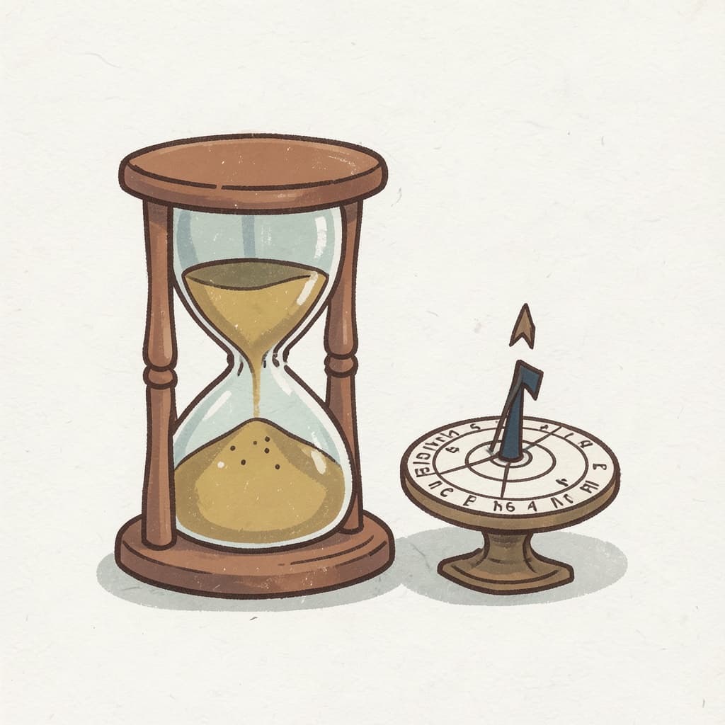 An old hourglass with sand flowing beside a sundial.