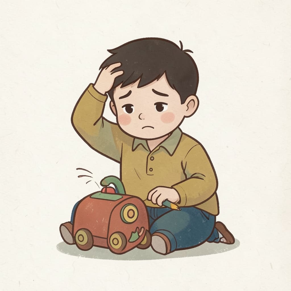 A puzzled boy scratching his head looking at a toy he cannot fix.