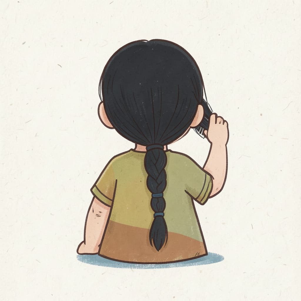 A girl with long black hair in a single braid, seen from behind, brushing it.