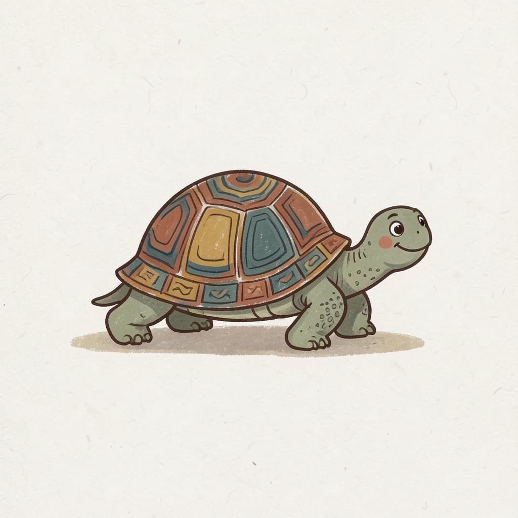 A tortoise with a patterned shell walking slowly on the ground.