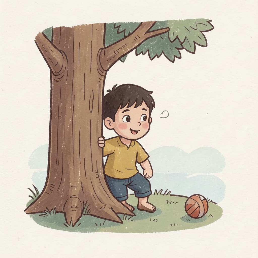 A boy peeking from behind a tree, wondering where a ball came from.