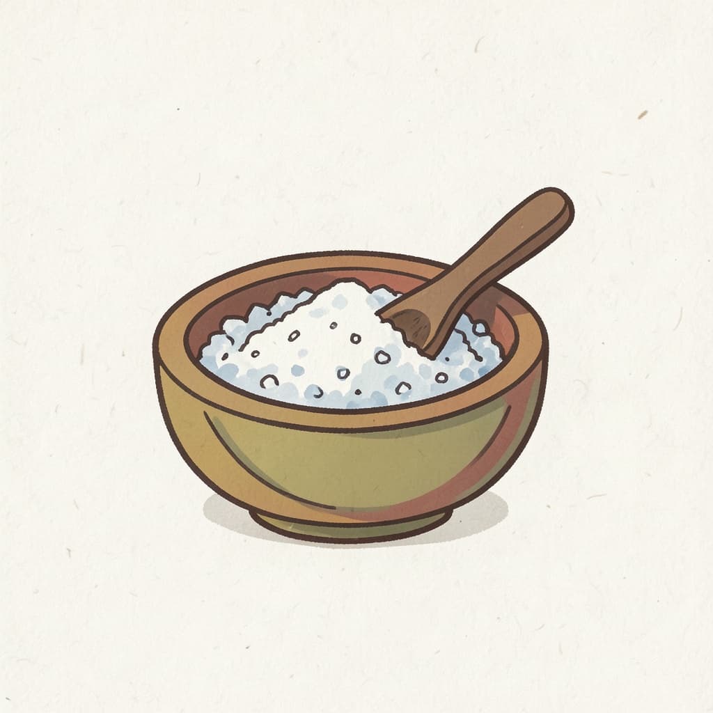 A small bowl of white salt with a wooden spoon.