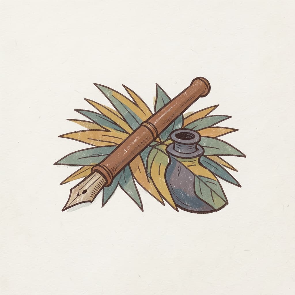 An old-style pen and an inkpot on a palm-leaf page.