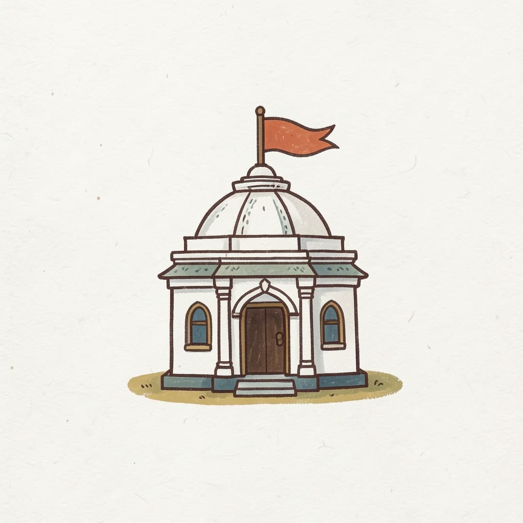 A small white village temple with a saffron flag on top.