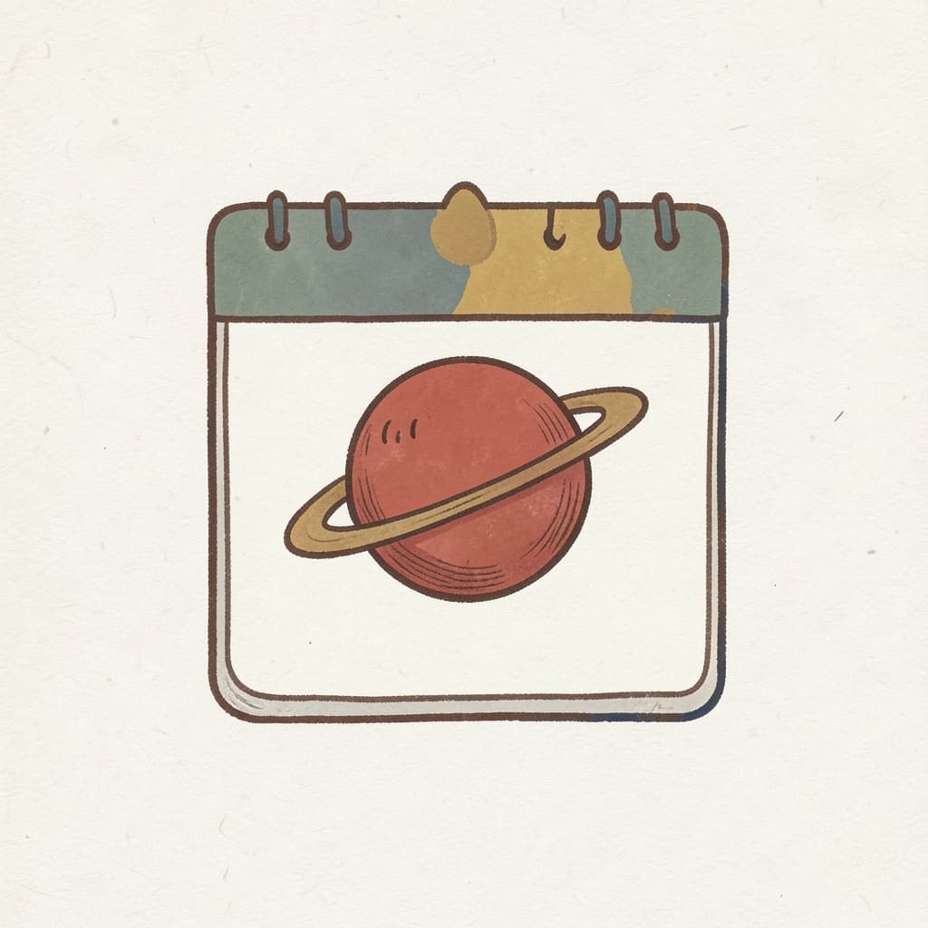 A calendar page with a red planet Mars drawn on it.
