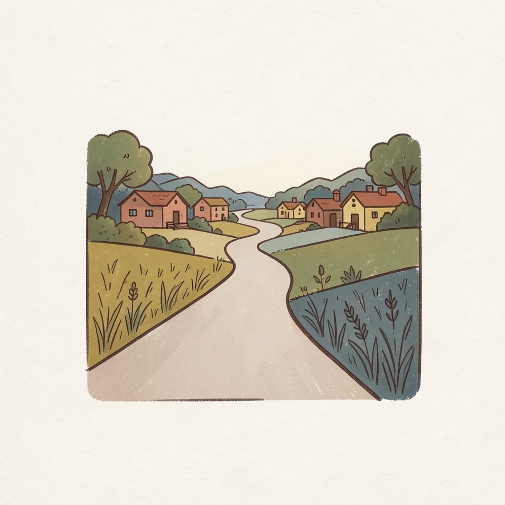A winding road through green fields towards a village.