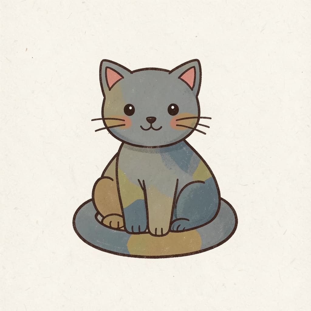 A grey cat sitting with its tail curled around its paws.
