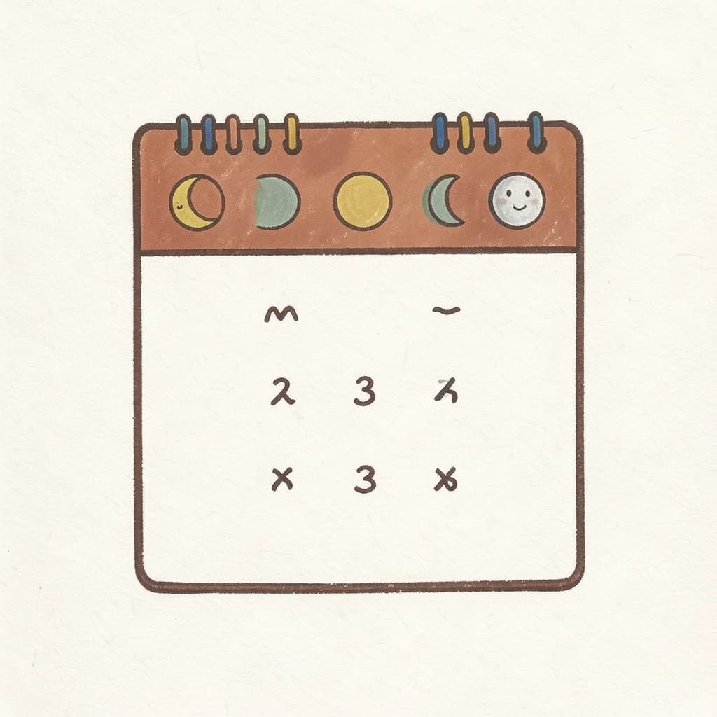 A wall calendar showing one month with a moon in its phases along the top.