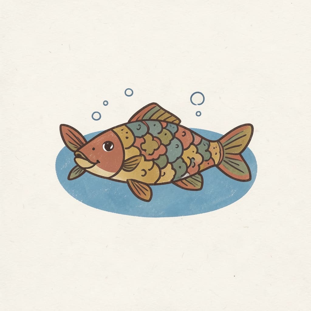 A colourful fish swimming in blue water with small bubbles.