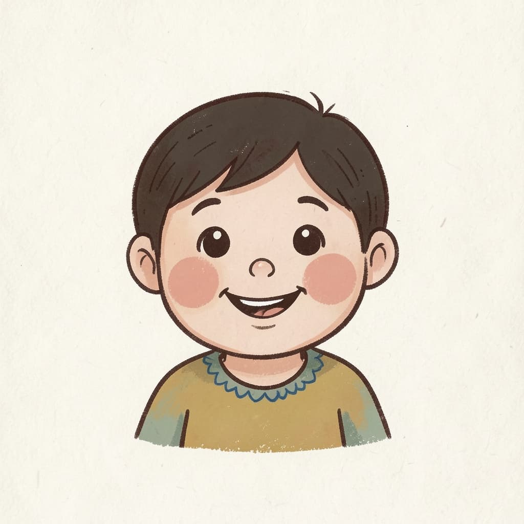 A cheerful round face of a child with a big smile.