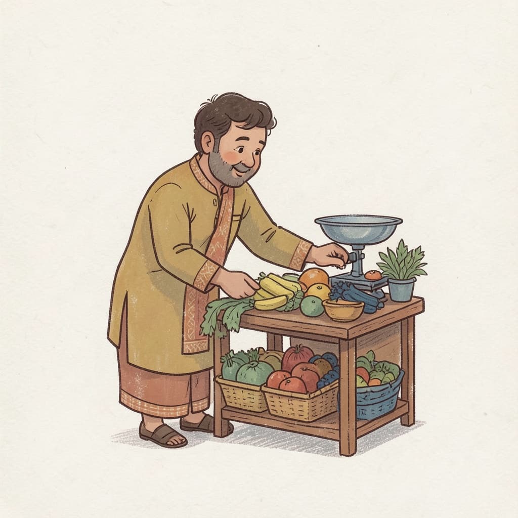 A shopkeeper at a market stall weighing vegetables on a scale.