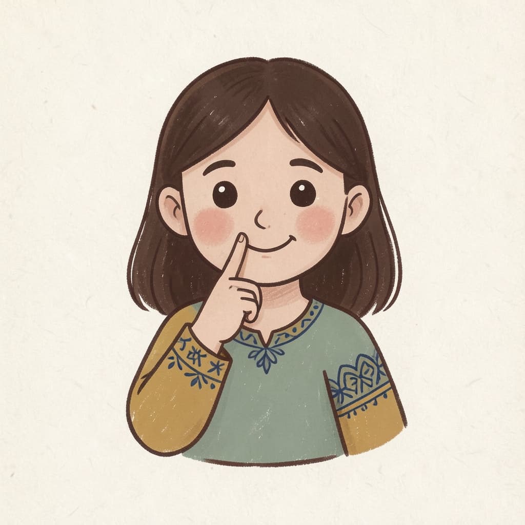 A girl touching her nose with one finger, smiling.