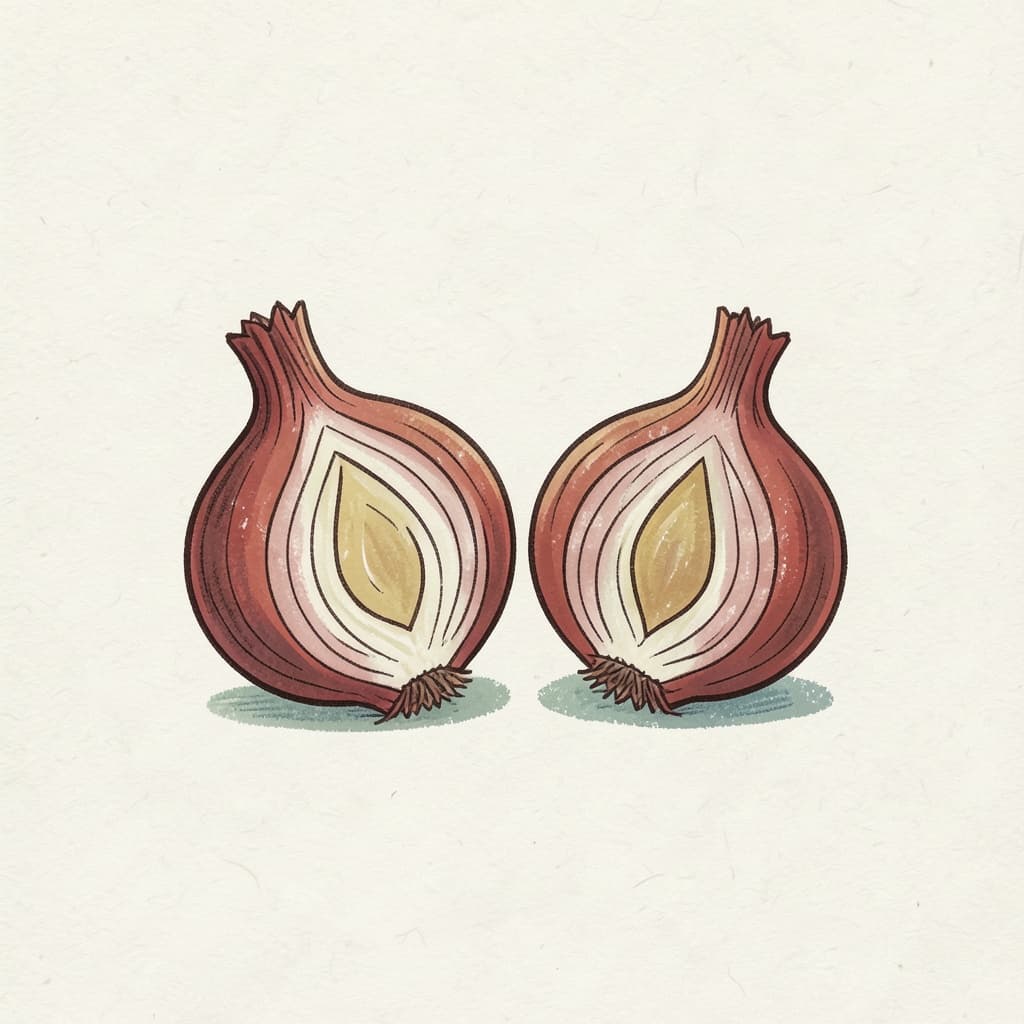 Two red onions, one cut in half showing rings.