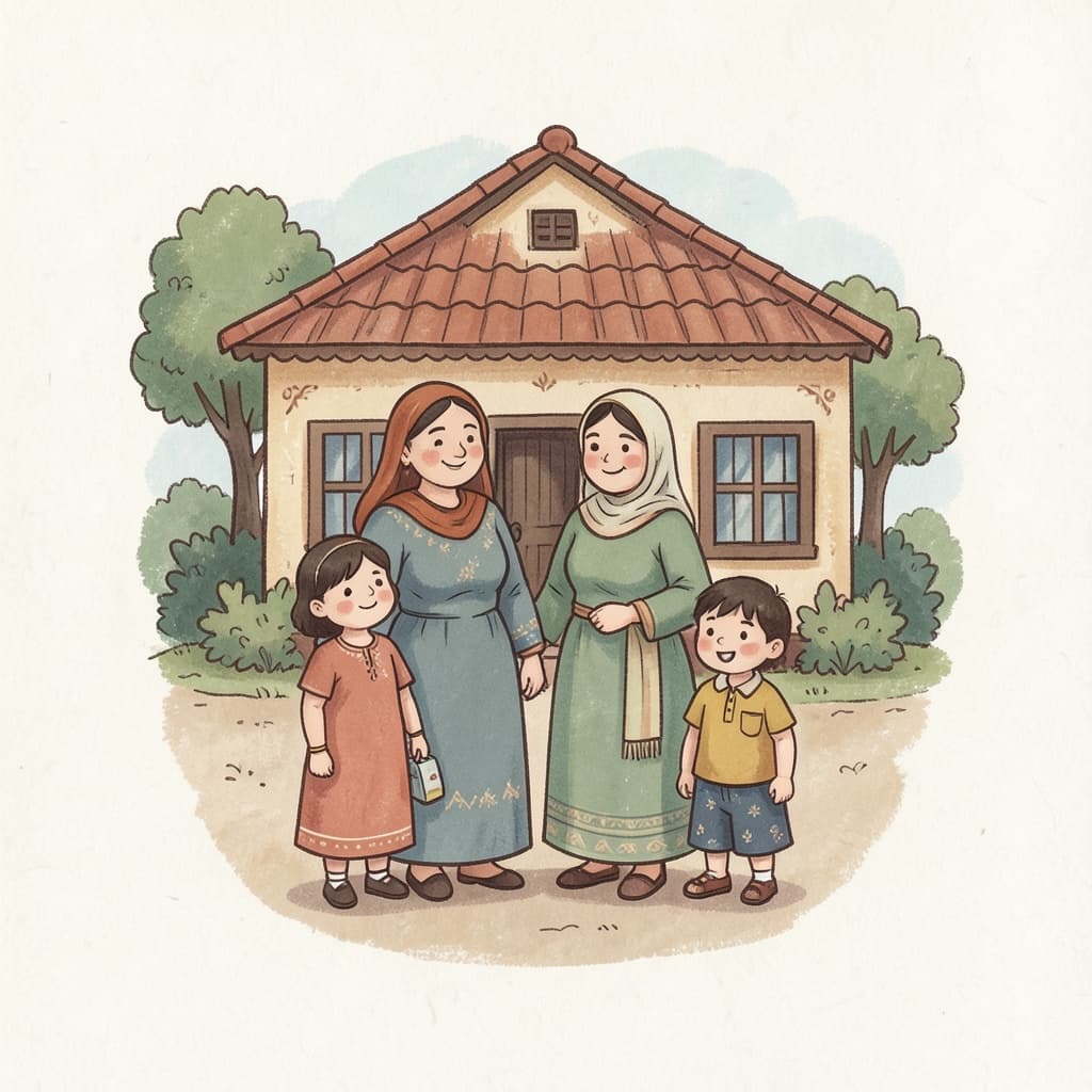 A family of mother, father, grandmother and two children standing together in front of their house.