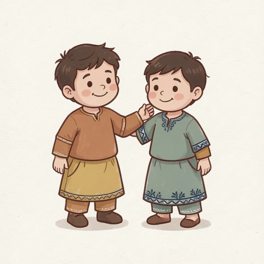 Two children standing side by side, one tapping the other on the side.
