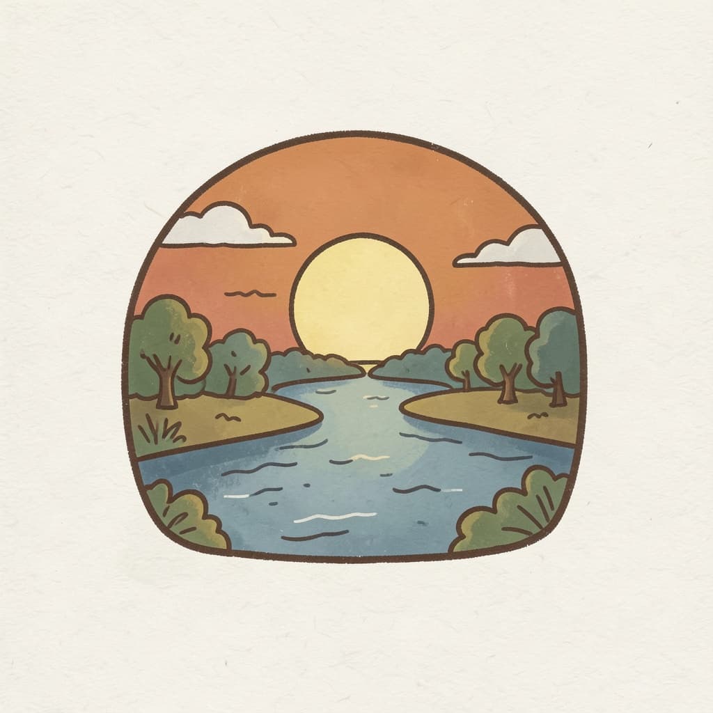 The sun setting in the west with an orange sky over a river.