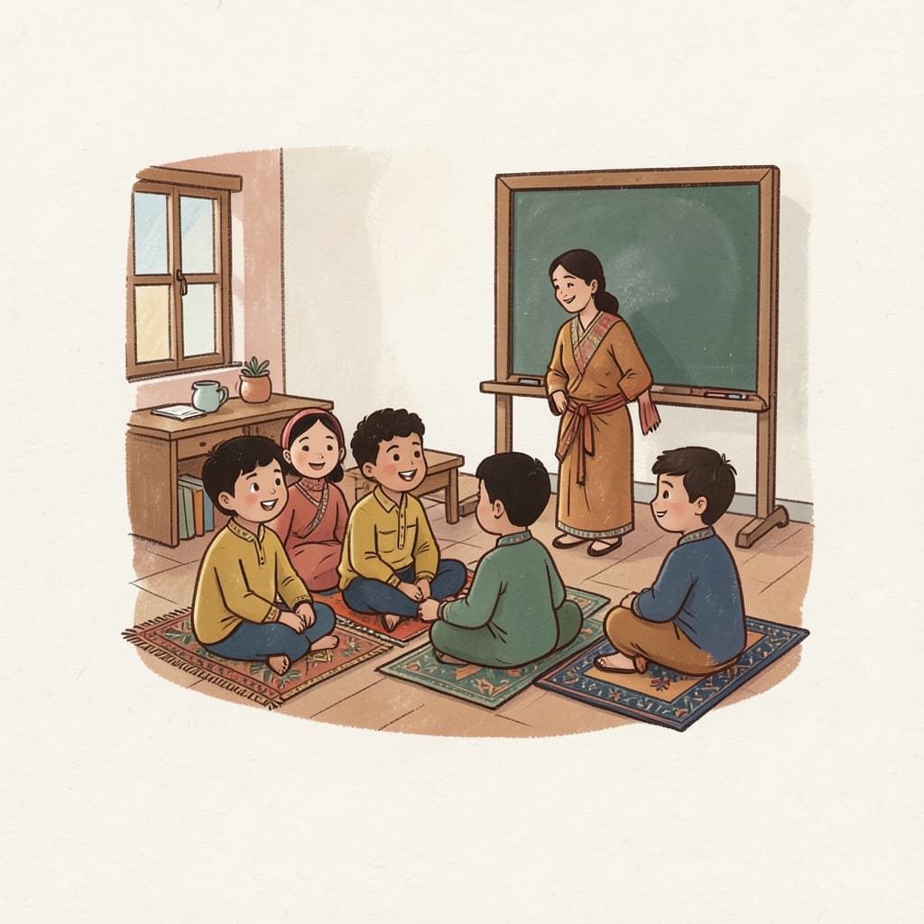 Children sitting on mats in a classroom with a teacher at a slate board.